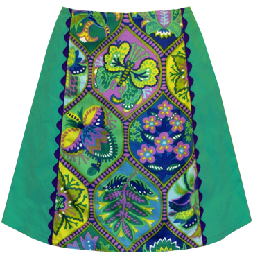 Vintage Greenery Print A-line Skirt with Purple Jumbo Rick Rack Trim